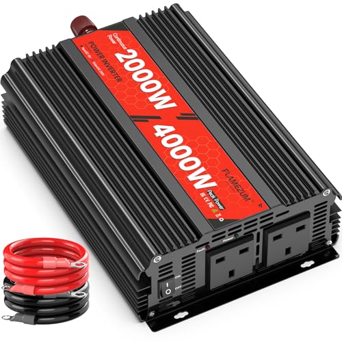 Wechselrichter 12 V auf 240 V 2000 W/4000 W DC auf AC Konverter mit zwei UK-Steckdosen für Auto, Camping, Wohnwagen, Reisen von FLAMEZUM