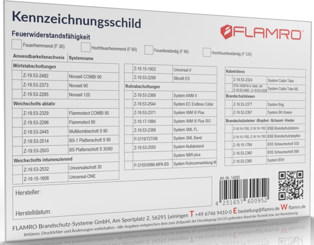 FLAMRO Brandschutz Kennzeichnungsschild 14000 FLAMRO Brandschutz Kennzeichnungsschild 14000 von FLAMRO Brandschutz