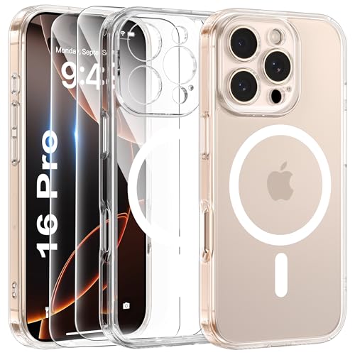 FLLAO 3 in 1 Handyhülle Kompatibel für iPhone 16 Pro Hülle mit 2 Stück Schutzfolie Case iPhone 16 Pro 6.3", Transparent von FLLAO