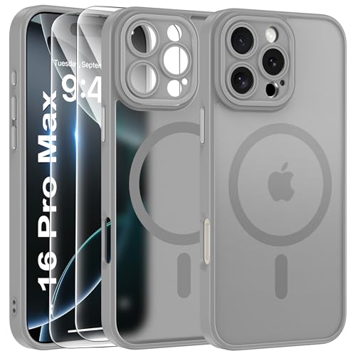 FLLAO 3 in 1 Handyhülle Kompatibel für iPhone 16 Pro Max Hülle mit 2 Stück Schutzfolie Case iPhone 16 Pro Max 6.9", Gris von FLLAO