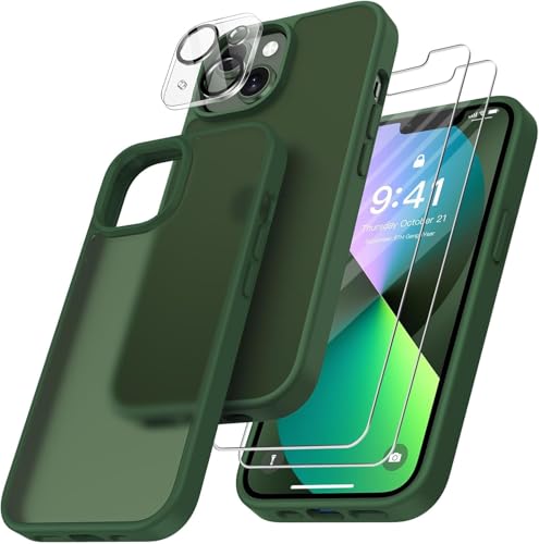 FLLAO 4 in 1 Handyhülle für iPhone 13 Hülle mit 2 Schutzfolie und 1 KameraSchutz, [Integriertes Luftkissen] Stoßfest Kratzfest Weich TPU Schutzhülle für iPhone 13, Dunkelgrün von FLLAO