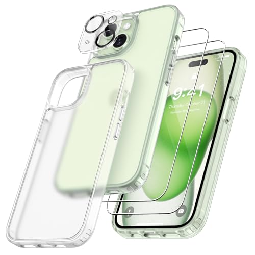 FLLAO 4 in 1 Handyhülle für iPhone 15 Hülle mit 2 Schutzfolie und 1 KameraSchutz, [Integriertes Luftkissen] Stoßfest Kratzfest Weich TPU Schutzhülle für iPhone 15, Matte Weiß von FLLAO