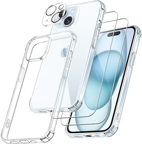 FLLAO 4 in 1 Handyhülle für iPhone 15 Hülle mit 2 Schutzfolie und 1 KameraSchutz, [Integriertes Luftkissen] Stoßfest Kratzfest Weich TPU Schutzhülle für iPhone 15, Transparent von FLLAO