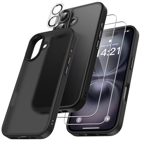 FLLAO 4 in 1 Handyhülle für iPhone 16 Hülle mit 2 Schutzfolie und 1 KameraSchutz, [Integriertes Luftkissen] Stoßfest Kratzfest Weich TPU Schutzhülle für iPhone 16, Schwarz von FLLAO