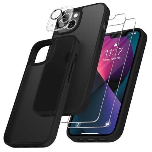 FLLAO 4 in 1 Hülle für iPhone 13 mit 2 Stück Schutzfolie und 1 Kameraschutz, [Militärischer Schutz] Matt Durchscheinende Rückseite Anti-Fingerabdruck Schutzhülle Case, Schwarz von FLLAO