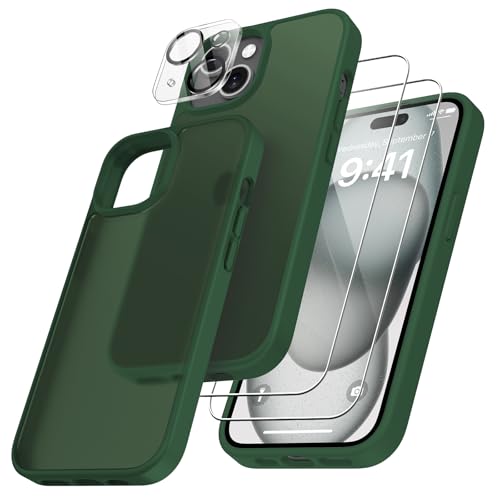FLLAO 4 in 1 Hülle für iPhone 15 mit 2 Stück Schutzfolie und 1 Kameraschutz, [Militärischer Schutz] Matt Durchscheinende Rückseite Anti-Fingerabdruck Schutzhülle Case, Dunkelgrün von FLLAO