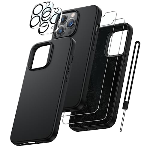 FLLAO 5 in 1 Silikon Handyhülle für iPhone 13 Pro Hülle mit 2 Schutzfolie + 2 Kameraschutz 360 Grad Schutzhülle, Ultra Dünne Microfiber Weichen Case, Kratzfest Rundumschutz iPhone 13 Pro 6.1'' Schwarz von FLLAO