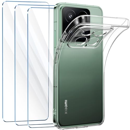 FLLAO Handyhülle Kompatibel mit Xiaomi 14 Hülle mit 3 Stück Schutzfolie, Durchsichtig Xiaomi 14 Case Transparent Silikon TPU Schutzhülle Premium 9H Gehärtetes Glas von FLLAO