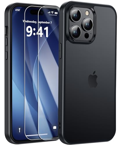 FLLAO Handyhülle Kompatibel mit iPhone 15 Pro Hülle und 2 Hartglas, [Militärnorm Schutz] [Anti-Fingerabdruck] Mattierte Durchscheinende Rückseite Schutzhülle für iPhone 15 Pro - Schwarz von FLLAO