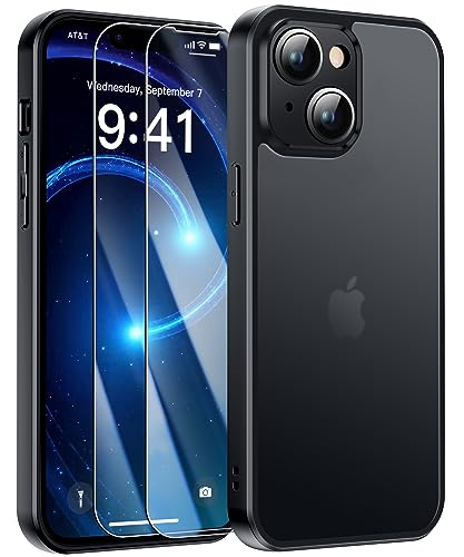 FLLAO Handyhülle für iPhone 14 Hülle und 2 Hartglas, mit Kameraschutz [Militärnorm Schutz] [Anti-Fingerabdruck] Mattierte Durchscheinende Rückseite Schutzhülle für iPhone 14 - Schwarz von FLLAO