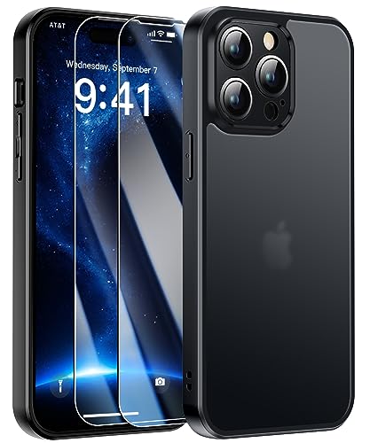 FLLAO Handyhülle für iPhone 14 Pro Max Hülle und 2 Hartglas, mit Kameraschutz [Militärnorm Schutz] [Anti-Fingerabdruck] Mattierte Durchscheinende Schutzhülle für iPhone 14 Pro Max - Schwarz von FLLAO