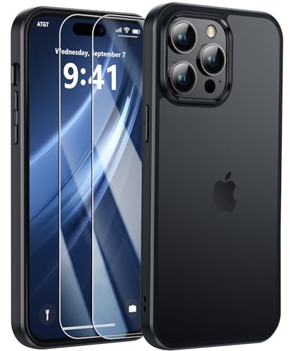 FLLAO Handyhülle für iPhone 15 Pro Max Hülle und 2 Hartglas, [Militärnorm Schutz] [Anti-Fingerabdruck] Mattierte Durchscheinende Rückseite Schutzhülle für iPhone 15 Pro Max - Schwarz von FLLAO