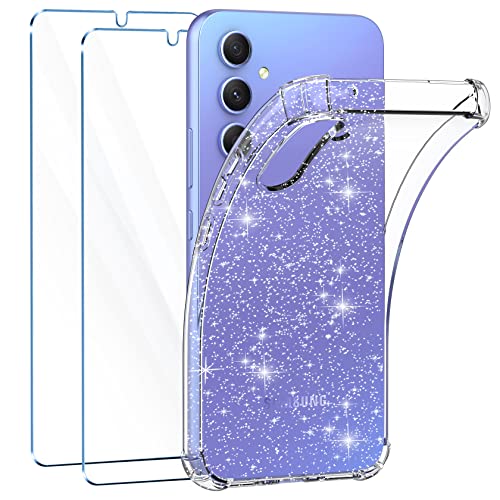 FLLAO Klar Glitzer Handyhülle Kompatibel mit Samsung Galaxy A34 5G Hülle mit 2 Schutzfolie, Weiche TPU Silikon Transparent Stoßfest Schutzhülle Durchsichtige Kratzfest Case Premium 9H Gehärtetes Glas von FLLAO