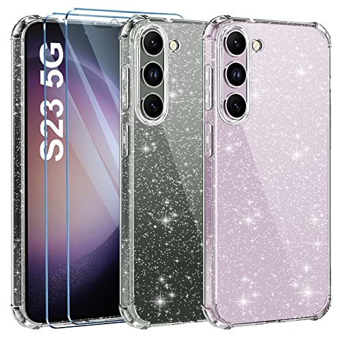 FLLAO Klar Glitzer Handyhülle Kompatibel mit Samsung Galaxy S23 5G Hülle mit 2 Schutzfolie, [Anti-Gelb] [Stoßfest] Weiche TPU Silikon Transparent Schutzhülle Durchsichtige Kratzfest Case von FLLAO