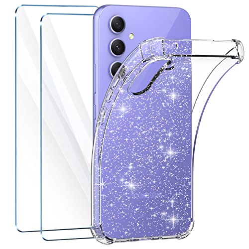 FLLAO Klar Glitzer Hülle Kompatibel mit Samsung Galaxy A54 5G HandyHülle mit 2 Schutzfolie, Weiche TPU Silikon Transparent Stoßfest Schutzhülle Durchsichtige Kratzfest Case Premium 9H Gehärtetes Glas von FLLAO