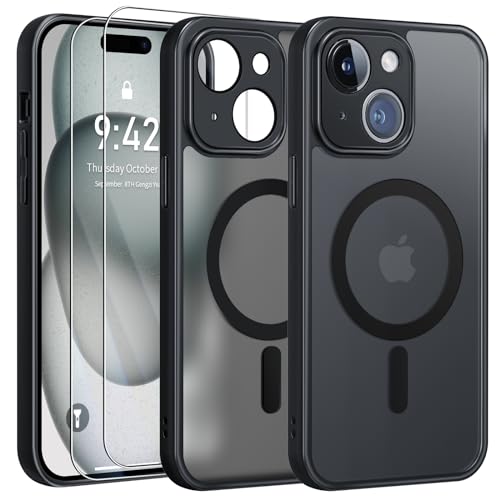 FLLAO Magnetische Schutzhülle für iPhone 15 mit 2 Hartglas, kompatibel mit MagSafe, Objektivschutz, alles inklusive, transparente Schutzhülle, matt, Rückseite, dünn, stoßfest, Schwarz FLLAO Magnetische Schutzhülle für iPhone 15 mit 2 Hartglas, kompatibel mit MagSafe, Objektivschutz, alles inklusive, transparente Schutzhülle, matt, Rückseite, dünn, stoßfest, Schwarz von FLLAO