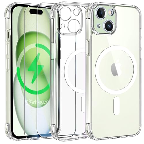 FLLAO Magnetische Schutzhülle für iPhone 15 mit 2 Hartglas, kompatibel mit MagSafe, Objektivschutz, transparent, matt, Rückseite dünn, stoßfest, transparent von FLLAO