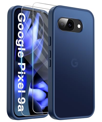 FLLAO Matt Handyhülle für Google Pixel 9a Hülle und 2 Schutzfolie, mit Kameraschutz [Militärnorm Schutz] urchscheinende PC Rückseite TPU Bumper Hülle für Pixel 9a - Dunkelblau von FLLAO