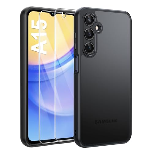 FLLAO Matt Handyhülle für Samsung Galaxy A15 5G / 4G Hülle und 2 Schutzfolie, mit Kameraschutz [Militärnorm Schutz] urchscheinende PC Rückseite TPU Bumper Hülle für Samsung Galaxy A15 - Schwarz von FLLAO