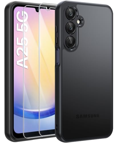 FLLAO Matt Handyhülle für Samsung Galaxy A25 5G Hülle und 2 Schutzfolie, mit Kameraschutz [Militärnorm Schutz] urchscheinende PC Rückseite TPU Bumper Hülle für Samsung Galaxy A25 5G - Schwarz von FLLAO