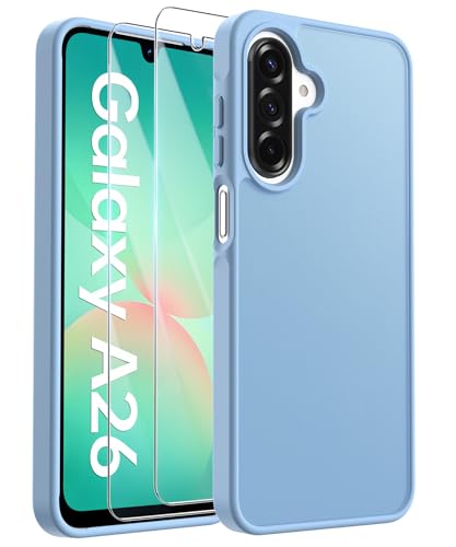 FLLAO Matt Handyhülle für Samsung Galaxy A26 5G Hülle und 2 Schutzfolie, mit Kameraschutz [Militärnorm Schutz] urchscheinende PC Rückseite TPU Bumper Hülle für Samsung A26 - Blau von FLLAO