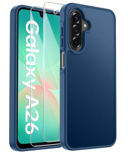 FLLAO Matt Handyhülle für Samsung Galaxy A26 5G Hülle und 2 Schutzfolie, mit Kameraschutz [Militärnorm Schutz] urchscheinende PC Rückseite TPU Bumper Hülle für Samsung A26 - Dunkelblau von FLLAO