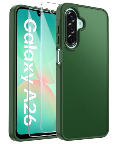 FLLAO Matt Handyhülle für Samsung Galaxy A26 5G Hülle und 2 Schutzfolie, mit Kameraschutz [Militärnorm Schutz] urchscheinende PC Rückseite TPU Bumper Hülle für Samsung A26 - Dunkelgrün von FLLAO