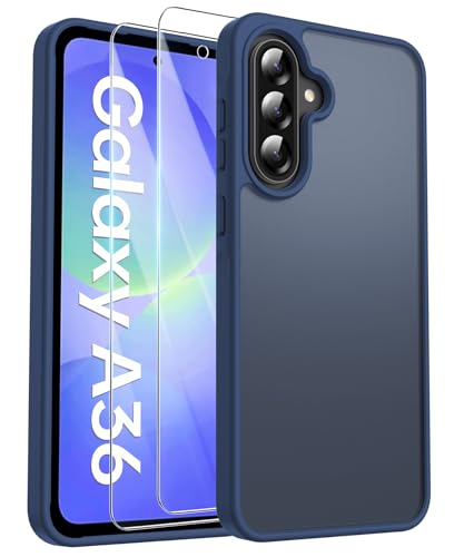FLLAO Matt Handyhülle für Samsung Galaxy A36 5G Hülle und 2 Schutzfolie, mit Kameraschutz [Militärnorm Schutz] urchscheinende PC Rückseite TPU Bumper Hülle für Samsung A36 - Dunkelblau von FLLAO