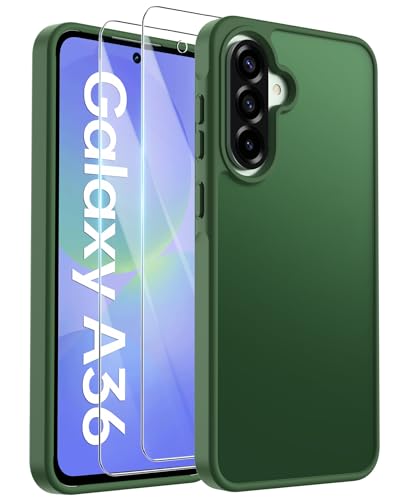 FLLAO Matt Handyhülle für Samsung Galaxy A36 5G Hülle und 2 Schutzfolie, mit Kameraschutz [Militärnorm Schutz] urchscheinende PC Rückseite TPU Bumper Hülle für Samsung A36 - Dunkelgrün von FLLAO