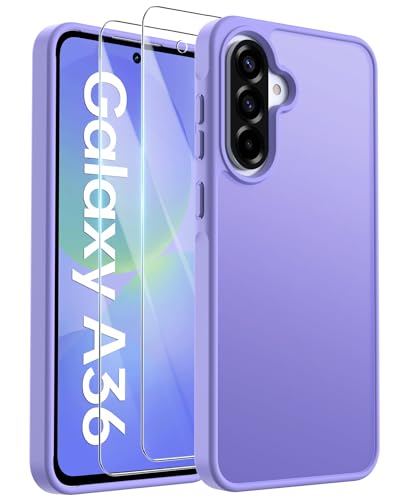 FLLAO Matt Handyhülle für Samsung Galaxy A36 5G Hülle und 2 Schutzfolie, mit Kameraschutz [Militärnorm Schutz] urchscheinende PC Rückseite TPU Bumper Hülle für Samsung A36 - Hellviolett von FLLAO