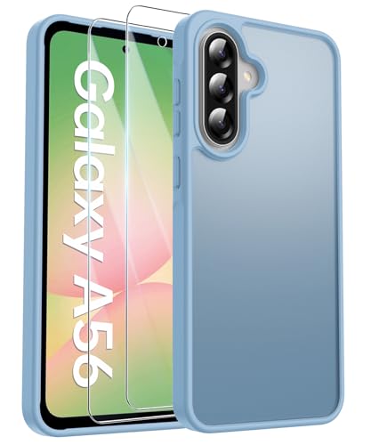 FLLAO Matt Handyhülle für Samsung Galaxy A56 5G Hülle und 2 Schutzfolie, mit Kameraschutz [Militärnorm Schutz] urchscheinende PC Rückseite TPU Bumper Hülle für Samsung A56 - Blau von FLLAO