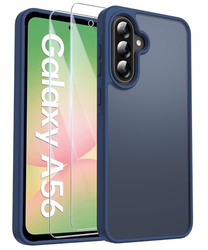FLLAO Matt Handyhülle für Samsung Galaxy A56 5G Hülle und 2 Schutzfolie, mit Kameraschutz [Militärnorm Schutz] urchscheinende PC Rückseite TPU Bumper Hülle für Samsung A56 - Dunkelblau von FLLAO