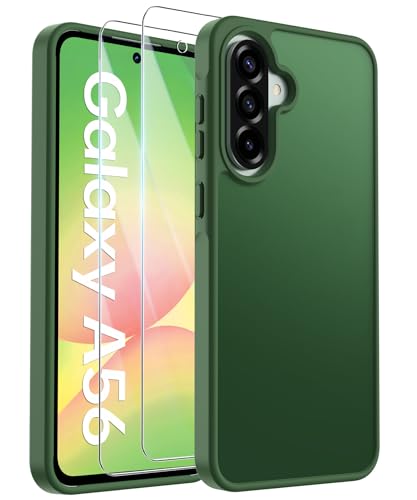 FLLAO Matt Handyhülle für Samsung Galaxy A56 5G Hülle und 2 Schutzfolie, mit Kameraschutz [Militärnorm Schutz] urchscheinende PC Rückseite TPU Bumper Hülle für Samsung A56 - Dunkelgrün von FLLAO