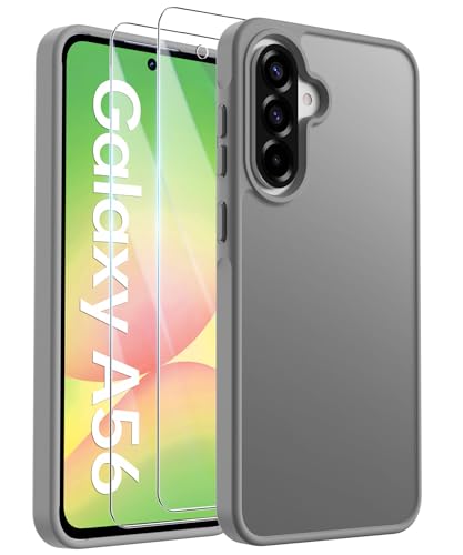 FLLAO Matt Handyhülle für Samsung Galaxy A56 5G Hülle und 2 Schutzfolie, mit Kameraschutz [Militärnorm Schutz] urchscheinende PC Rückseite TPU Bumper Hülle für Samsung A56 - Grau von FLLAO
