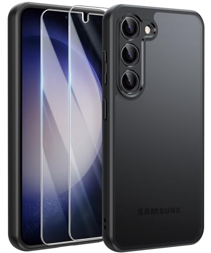 FLLAO Matt Handyhülle für Samsung Galaxy S23 Hülle und 2 Schutzfolie, mit Kameraschutz [Militärnorm Schutz] urchscheinende PC Rückseite TPU Bumper Hülle für Samsung Galaxy S23 5G- Schwarz von FLLAO
