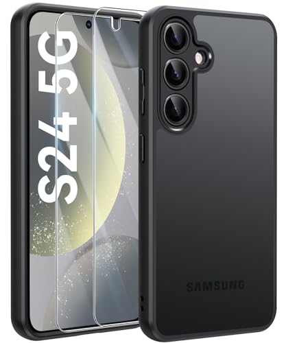 FLLAO Matt Handyhülle für Samsung Galaxy S24 Hülle und 2 Schutzfolie, mit Kameraschutz [Militärnorm Schutz] urchscheinende PC Rückseite TPU Bumper Hülle für Samsung Galaxy S24 5G- Schwarz von FLLAO