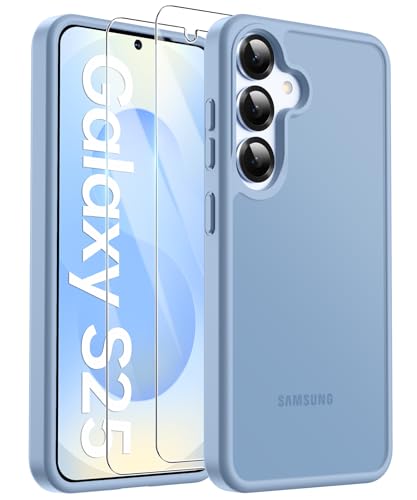 FLLAO Matt Handyhülle für Samsung Galaxy S25 Hülle und 2 Schutzfolie, mit Kameraschutz [Militärnorm Schutz] urchscheinende PC Rückseite TPU Bumper Hülle für Samsung S25 5G - Blau von FLLAO