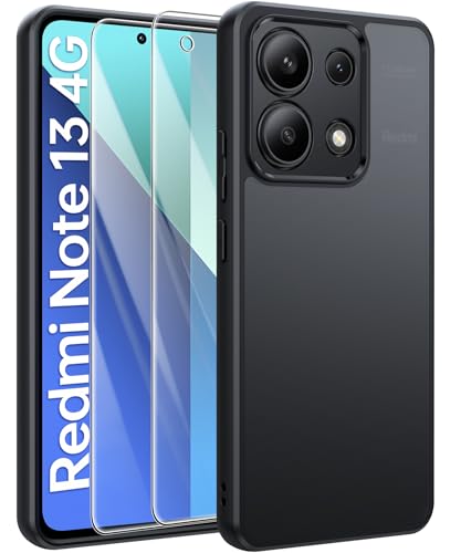 FLLAO Matt Handyhülle für Xiaomi Redmi Note 13 4G Hülle und 2 Schutzfolie, mit Kameraschutz [Militärnorm Schutz] urchscheinende PC Rückseite TPU Bumper Hülle für Redmi Note 13 4G - Schwarz von FLLAO