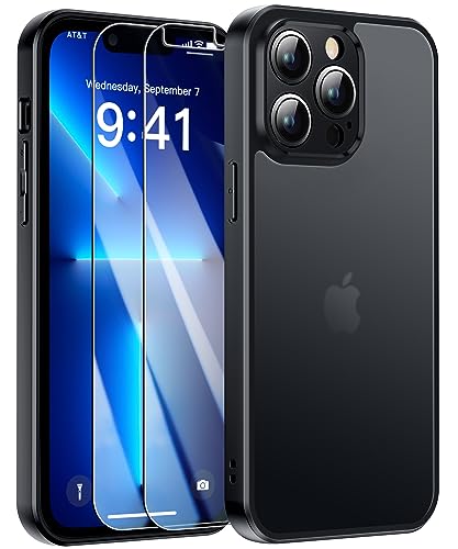 FLLAO Matt Handyhülle für iPhone 13 Pro Hülle und 2 Schutzfolie, mit Kameraschutz [Militärnorm Schutz] Urchscheinende PC Rückseite TPU Bumper Hülle für iPhone 13 Pro - Schwarz von FLLAO