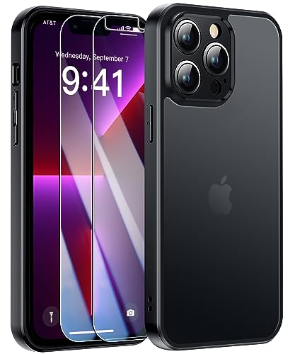 FLLAO Matt Handyhülle für iPhone 13 Pro Max Hülle und 2 Schutzfolie, mit Kameraschutz [Militärnorm Schutz] Urchscheinende PC Rückseite TPU Bumper Hülle für iPhone 13 Pro Max - Schwarz von FLLAO