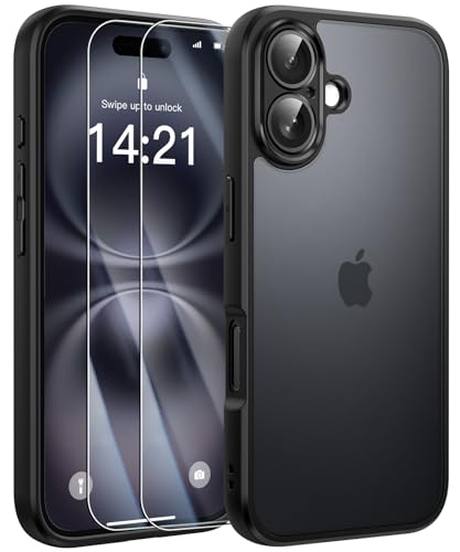 FLLAO Mattes Cover kompatibel mit iPhone 16 6.1 Zoll mit 2 gehärtetem Glas, [Kameraschutz] Stoßfest Hard PC Glasiert Transparent Hülle kompatibel mit iPhone 16 6.1 Zoll Schwarz von FLLAO