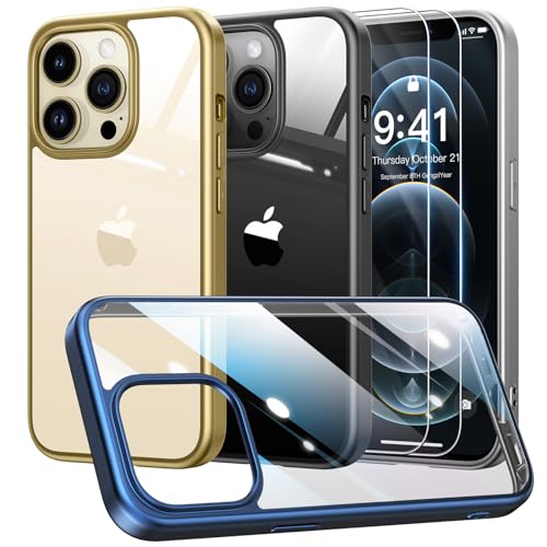 FLLAO Original Handyhülle für iPhone 12 Hülle mit 2 Stück Schutzfolie iPhone 12 Pro Hülle Mattes Metallgestell Nie Vergilbung Hard PC Rückseite Stoßfest Schutzhülle für iPhone 12/12 Pro Blau-Titan von FLLAO