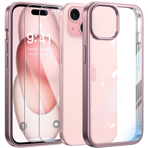 FLLAO Original Handyhülle für iPhone 15 Hülle mit 2 Stück Schutzfolie, Mattes Metallgestell Nie Vergilbung Hard PC Rückseite Stoßfest Schutzhülle für iPhone 15 6.1'' Pink von FLLAO