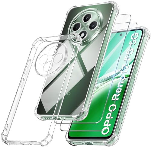 FLLAO Schutzhülle kompatibel mit OPPO Reno 12 F (4G / 5G) OPPO Reno 12 FS 5G mit 2 gehärtetem Glas [Kameraschutz] Anti-Vergilbung, stoßfest, weiches TPU-Silikon, transparent von FLLAO