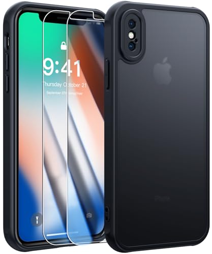 FLLAO Schutzhülle kompatibel mit iPhone X/XS und 2 Stück Displayschutz aus Hartglas, stoßfest, Militärqualität, vergilbungssicher, Rückseite transparent, gefrostet (schwarz) von FLLAO