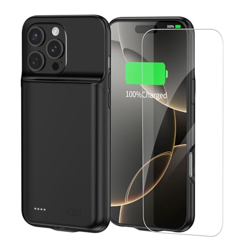 FLSTOR Akkuhülle für iPhone 16 Pro, 7000 mAh, tragbare, wiederaufladbare Ladehülle, kompatibel mit iPhone 16 Pro (16,3 cm) mit Displayschutzfolie, extra 50 % Akkulaufzeit, Schwarz von FLSTOR