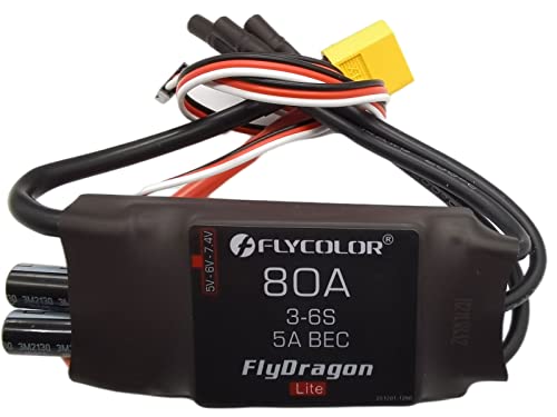 Flycolor 80A ESC 3-6S Elektrischer Geschwindigkeitsregler 5 V/6 V/7,4 V 5A BEC mit XT60 & 3,5mm Bullet Plugs für RC Drohne Flugzeug Bürstenlose Motoren von FLYCOLOR