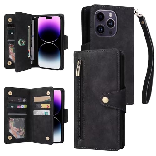 FMPCUON Handyhülle Kompatibel mit Samsung Galaxy A31 Hülle, Magnetisches Flip-Leder, Stoßfeste Schutzabdeckung mit Reißverschluss Kartenfach Geldbörse und Ständer für Samsung Galaxy A31,Schwarz von FMPCUON
