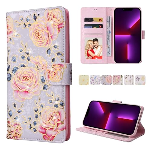 FMPCUON Handyhülle Kompatibel mit iPhone 13 Mini, Handyhülle [Premium Leder] [Standfunktion] [Magnetverschluss] [RFID Schutz] Lederhülle Schutzhülle für iPhone 13 Mini - Rose von FMPCUON