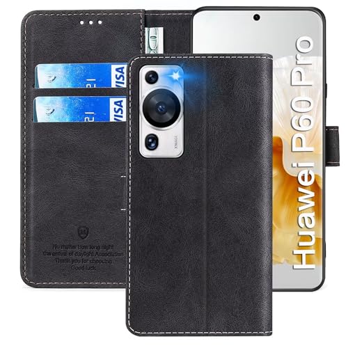 FMPCUON Handyhülle für Huawei P60 Pro,Huawei P60 Pro Hülle [Flip Wallet Case][TPU Bumper Schutzhülle][Leder Folio Tasche] Etui Stand Klapphülle für Huawei P60 Pro,Schwarz von FMPCUON